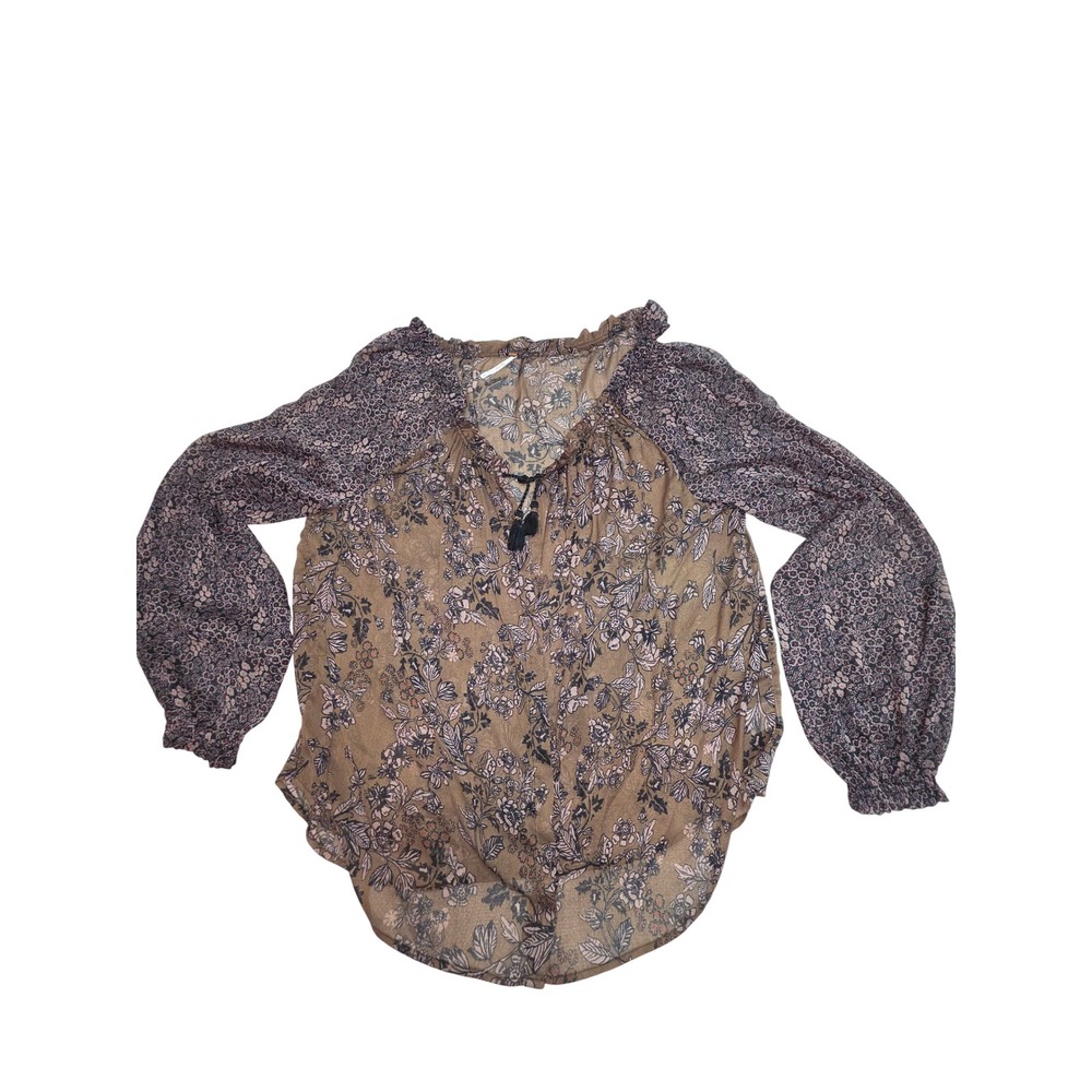 Free People Womens Brown Floral Sheer Mesh Peasant Blouse Long Sleeve Size L